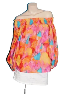 Med Off Shoulder 3/4 wide Sleeve Blouse Silky Soft New Cruise Time Anyone? - Picture 1 of 6