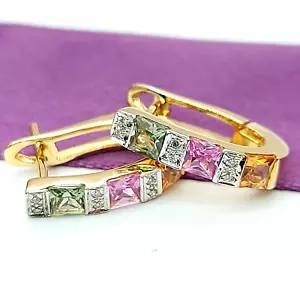 Ladies Yellow Gold 18ct (750, 18k) Multi-Colour Sapphire & Diamond Huggies - Picture 1 of 9