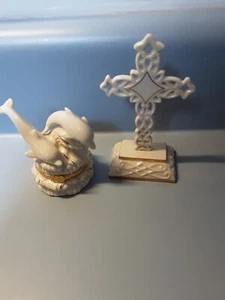 LENOX "THE DOLPHIN SPLASH BOX" TRINKET W GOLD TONED DOLPHIN CHARM & CROSS - Picture 1 of 7