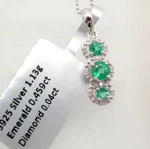 Sterling Silver 925 0.459CT Round Natural Emerald & Diamond Accent Necklace 18" - Picture 1 of 3