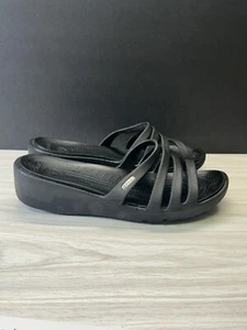 Crocs Women's 9 W Rhonda Wedge Slide Comfort Strappy Sandals Black Lightweight - Picture 1 of 4