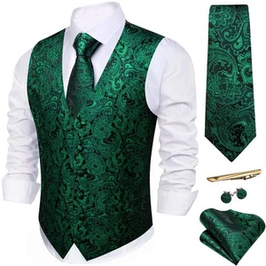 Men's Paisley Jacquard Silk Vest Tie Waistcoat Set Wedding 5PCS - Picture 1 of 5