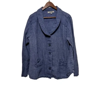 FLAX Linen Blazer Jacket Solid Pattern Lagenlook Womens Size Large Blue - Picture 1 of 7