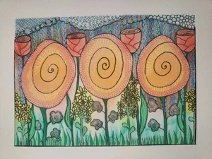Seven Flowers- Original Abstract Watercolor Painting With Ink Patterned Details - Picture 1 of 8