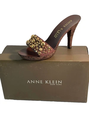 Vintage Anne Klein Milly Leather Stud Brown Slide On Sandals High Heel Size 7.5M - Image 1 of 4