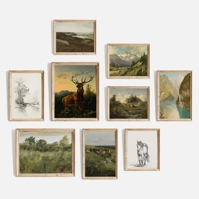 Juego de 9 impresiones de arte de pared vintage, decoración de pared de galería ecléctica con paisaje... Foto 1 de 4