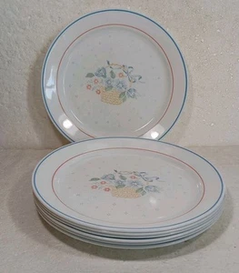 Set of 7 Corelle Country Cornflower 10" Dinner Plate Blue Floral Dots Basket - Picture 1 of 7