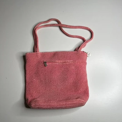The Sak Pink Crochet Shoulder Bag Tote Purse Striped Lining Nylon Medium - Image 1 of 4