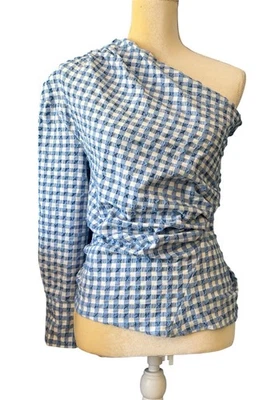 ZARA NUEVO Blusa Top Para Mujer Azul Blanco Guinga Cuadros Un Hombro Elástica Talla S Foto 1 de 4