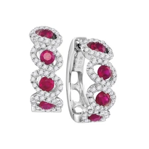 Natural Ruby & Diamond Womens Hoops Earrings 14k White Gold 1.38cttw - Picture 1 of 2