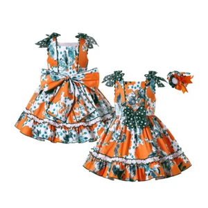 Niñas Naranja Floral Punto Moño Vestido 2-12 Años Verano Vestido sin mangas con diadema - Imagen 1 de 12