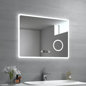 Badspiegel Led 90x70cm mit Beleuchtung Touch Uhr Beschlagfrei Kosmetikspiegel - Bild 1 von 12