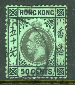 China 1917 Hong Kong 50¢ Grey Black on Emerald w/Emerald Back VFU E783 - Picture 1 of 2