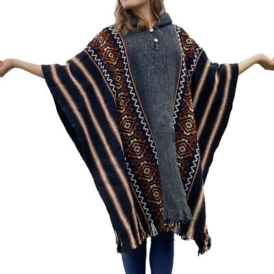 Llama Wool Mens Unisex South American Hooded Poncho Cape Coat Jacket striped - Image 1 of 4