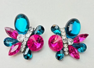 VTG 80s earrings clip on RIVOLI ACRYLIC JEWEL STATEMENT crystal pink teal Gell - Picture 1 of 7