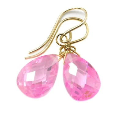 14k Gold Cubic Zirconia Earrings Simulated Pink Sapphire CZ Dainty Sterling Drop - Image 1 of 4