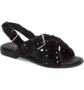 Coconuts by Matisse Ray Faux Fur Metallic Studded Flats Sandal Black Size 8 M - Picture 1 of 8