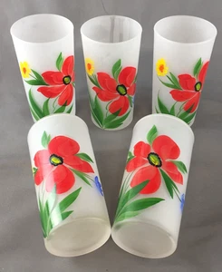 Vintage Set of 5 Libbey Hand Painted Frosted Red Floral Drinking Glasses - Picture 1 of 5