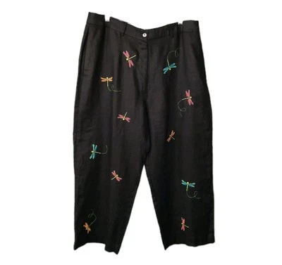 Jillian Jones Linen Crop Pants Size 16 Black Embroidered Dragonflies Boho Cruise - Image 1 of 4