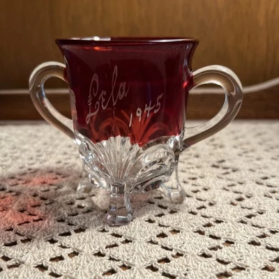 Antique 1945 Ruby Red Sugar Bowl Glass Souvenir Engraved Lela - Image 1 of 4