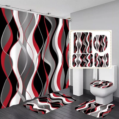 Nkzply 4 Pcs Red and Black Striped Shower Curtain Set Grey and White Bathroom Se - Image 1 of 4