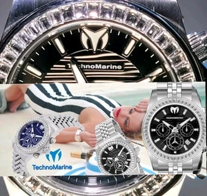 TechnoMarine Diver 200m Watch on Bracelet 42mm Crystal Pave Black Dial Chrono - Picture 1 of 21