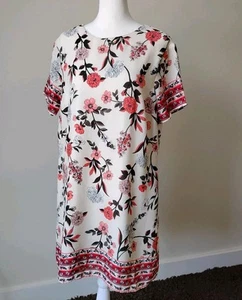 Lulus Floral Lined Shift Dress Border Hem Short Sleeve Sz L Large Ivory Coral - Picture 1 of 10