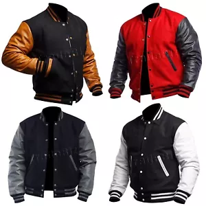 Men's Varsity Bomber Baseball Letterman College Jacket Wool Body & Leather Arms - Picture 1 of 12