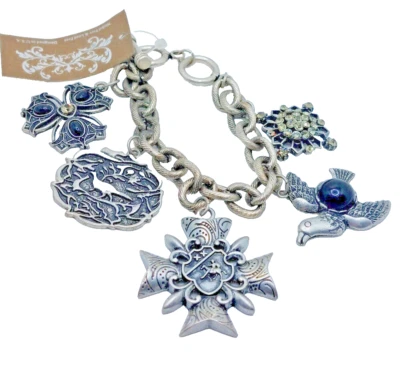Statement Pewter Rolo Link Oversized 5 Medallions Charms Bracelet 7.5-8" - Image 1 of 4