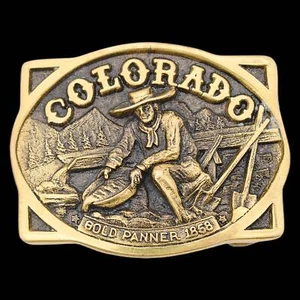 Colorado Gold Panner 1858 Prospector Solid Brass Vintage Belt Buckle - Picture 1 of 3