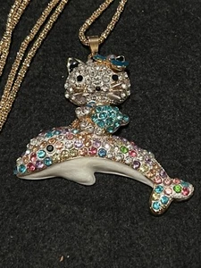 Cat Hello-Kitty Dolphin Necklace Gold-Tone w/Multiple Rainbow Colored Crystals - Picture 1 of 9