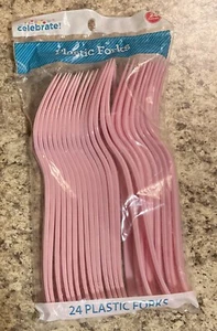 Celebrate Pack Of 24 Pink Plastic Forks - Picture 1 of 2