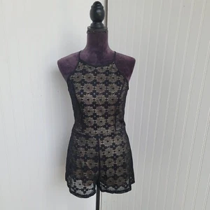 Bleuh Ciel Womans Romper Size S Lace Black Lined Nude Tan Sleevless Sttetch - Picture 1 of 14
