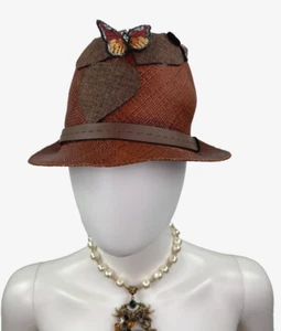 Gucci NWT $470 Auth Sz 58 Medium M Brown 100% Straw Leather Trim Logo Heart Hat - Picture 1 of 10