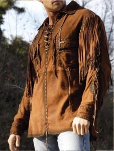 Men Brown Suede Western Cowboy Leather Shirt With Fringes - Picture 1 of 5