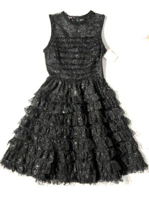 NUEVO CON ETIQUETAS ROCHAS Mujer Negro Volantes Brillo Encaje Fiesta Cóctel Vestido talla 2/4 Italia Foto 1 de 4