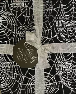 October Sky Halloween Metallic Silver Spiderweb Cloth Tablecloth 60” X 102” - Picture 1 of 2
