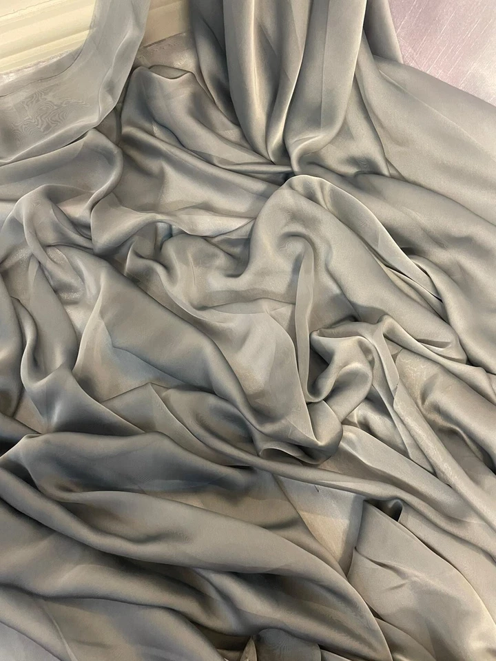 1 METER TWO TONE SILVER GREY SOFT CATIONIC CHIFFON 100% POLYESTER FABRIC 58”WIDE - Image 1 of 4