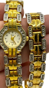Vtg Estate Women’s Vivani Quartz Gold Toned Rhinestone Bracelet & Watch Set - Picture 1 of 4