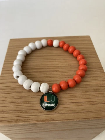 Miami Hurricanes Bracelet white and Orange Polished beads Strong Elastic NCAA U Cover