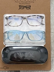 (2) RAE DUNN "READ MORE" BLUE LIGHT BLOCKING Readers Glasses with CASE +0.00 NWT - Picture 1 of 4