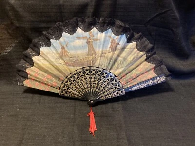 Large Vintage Ornate Folding Hand Fan W/Lace Windmill Countryside Scene 17” Wide - Image 1 of 4