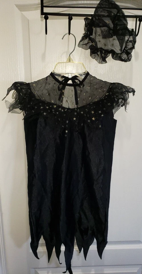 GIRLS size 6-8 black WITCH HALLOWEEN DRESS HAT GOLD STARS SPARKLES PRETEND PLAY - Image 1 of 1