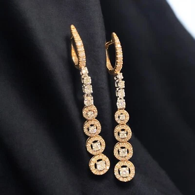 Pave 1.77 Cts Round Brilliant Cut Natural Diamonds Dangle Earrings 14K Rose Gold - Image 1 of 4