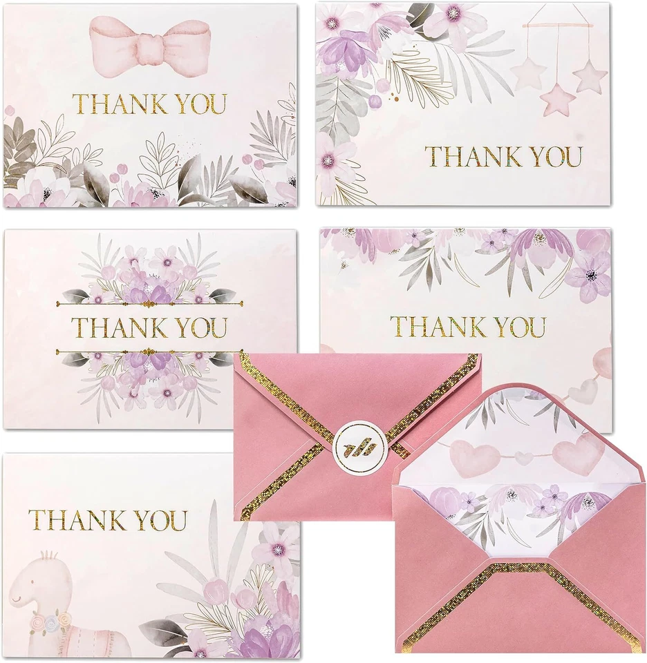 50x Tarjetas en blanco, tarjetas de agradecimiento con sobres y pegatinas para bautizo, cumpleaños Foto 1 de 4