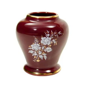 Prinknash Pottery Vintage Mini Vase Gilded Burgundy Floral Trinket Jar (No Lid) - Picture 1 of 4