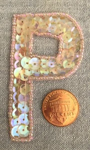 Letter P Sequin & Glass Bead Applique 2 3/4" 70mm x 1 5/8" 41mm Pale Pink - Picture 1 of 3