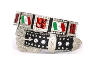 Western Black Belt Leather Mexican Flag Red Rhinestone Horse Head Pants 34 - Picture 1 of 10