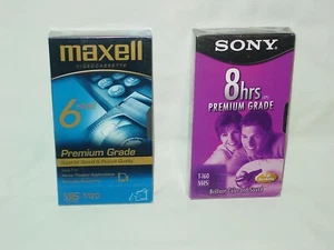 2 NEW PREMIUM BLANK VIDEOCASSETTE VHS RECORDING TAPES MAXELL T-120 SONY T-160VL - Picture 1 of 5