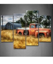Old Truck Car Wall Art in Red and Trees and Dry Grasses in Field Wall Decor P...